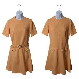 Vintage 60's Peach Shift Dress Drop Waist Short Sleeve Fortrel Textured Poly